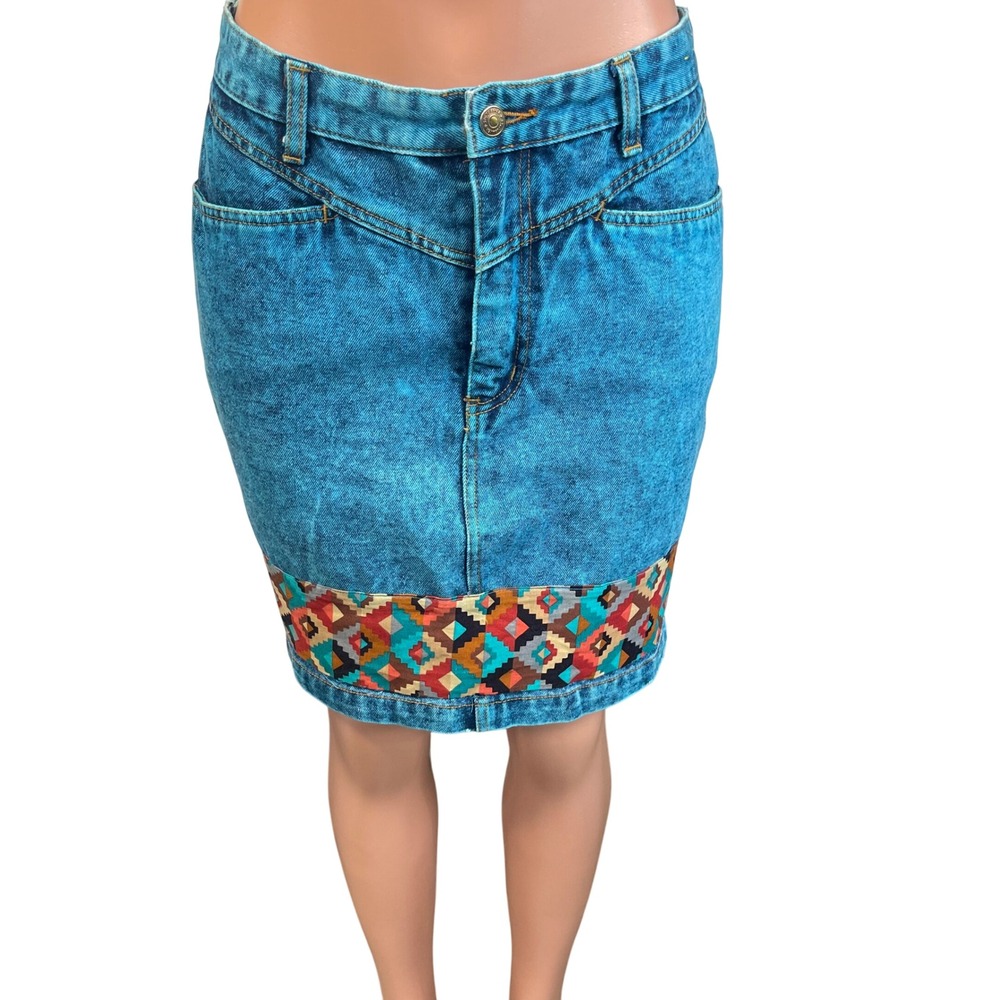 Studebaker Western Denim‎ Skirt Aztec Trim VTG 90s Blue Jean fits Modern sz 10